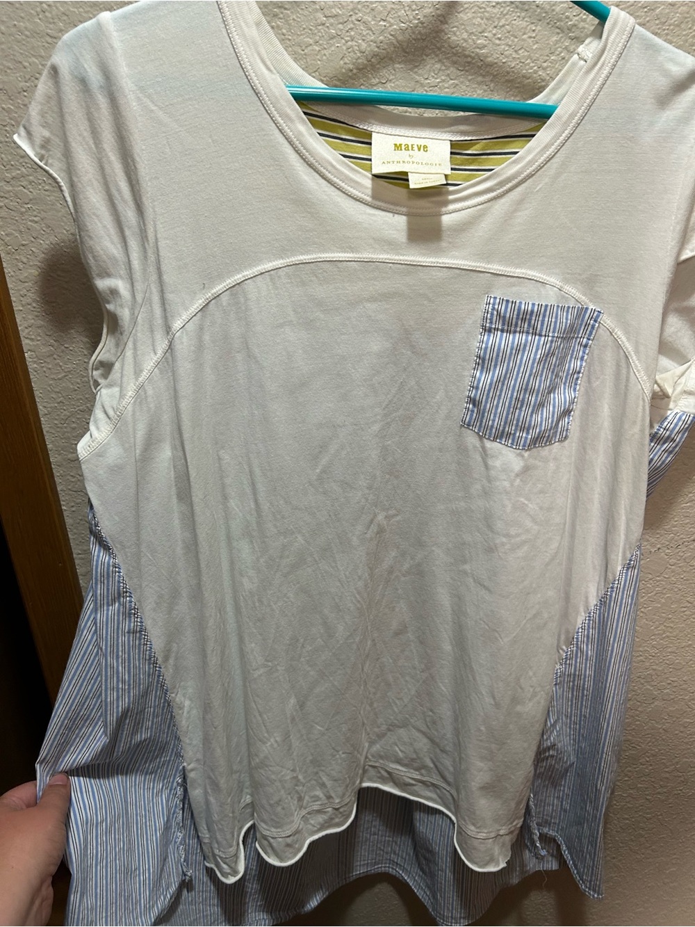 Mauve Cream Top with Blue Stripe Pocket & Side Panels